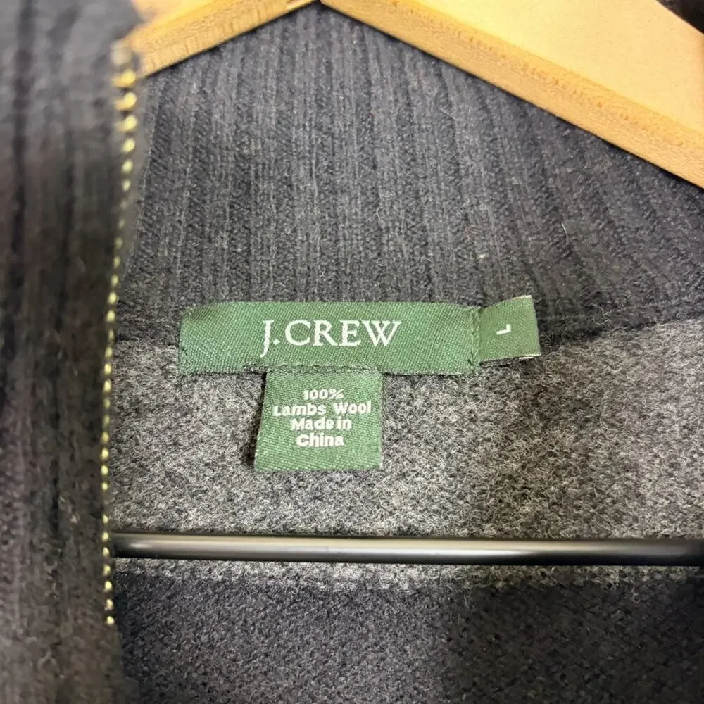 J. Crew Sweater Size Large Black Gray Striped 1/4 Zip 100% Lambswool 
